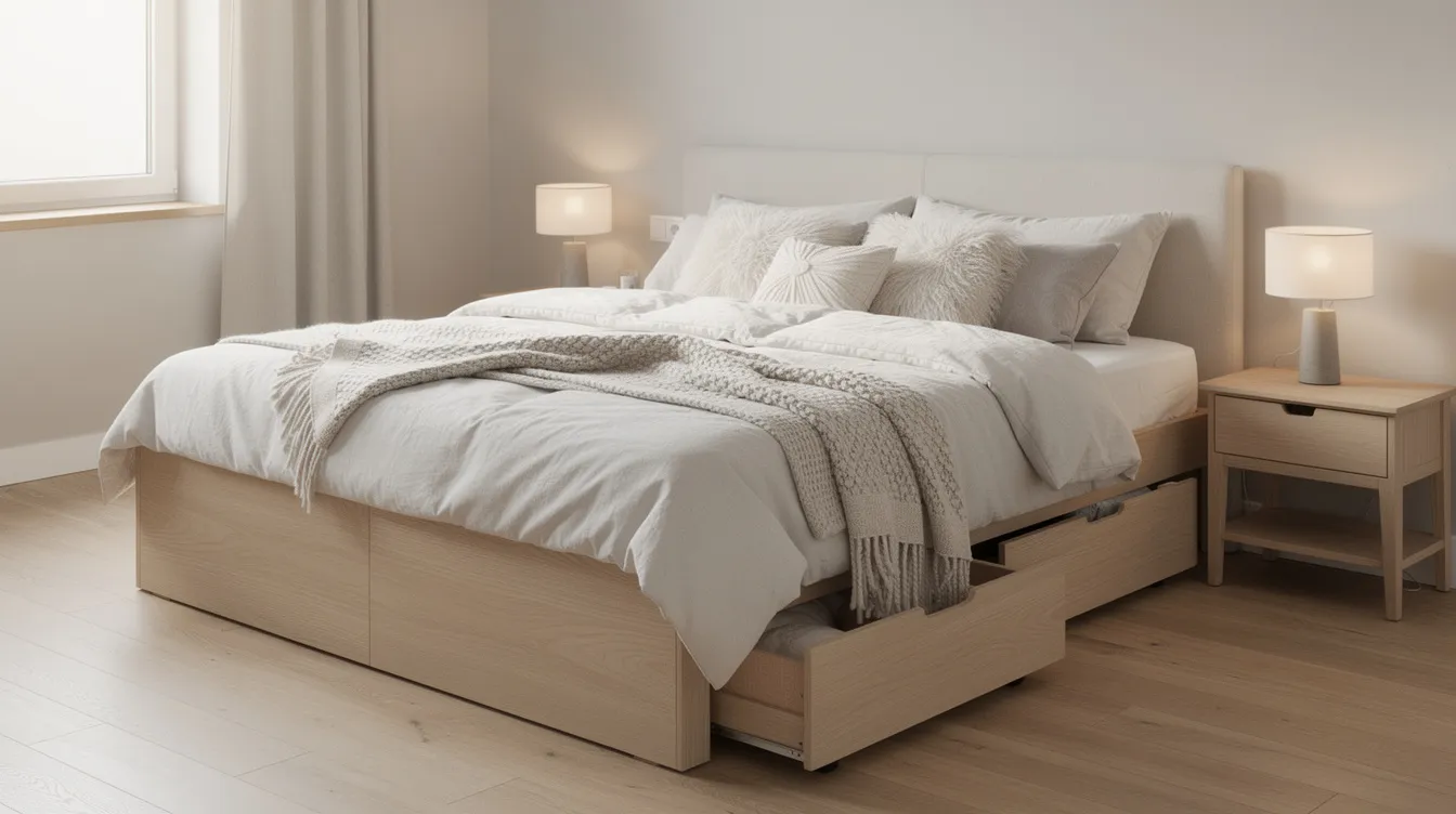 Ett mysigt sovrum i Malmö med en kontinentalsäng som har förvaringslådor, klätt i mjukt sänglinne. Intill sängen står ett nattduksbord i ljust trä, vilket ger en hemtrevlig känsla.