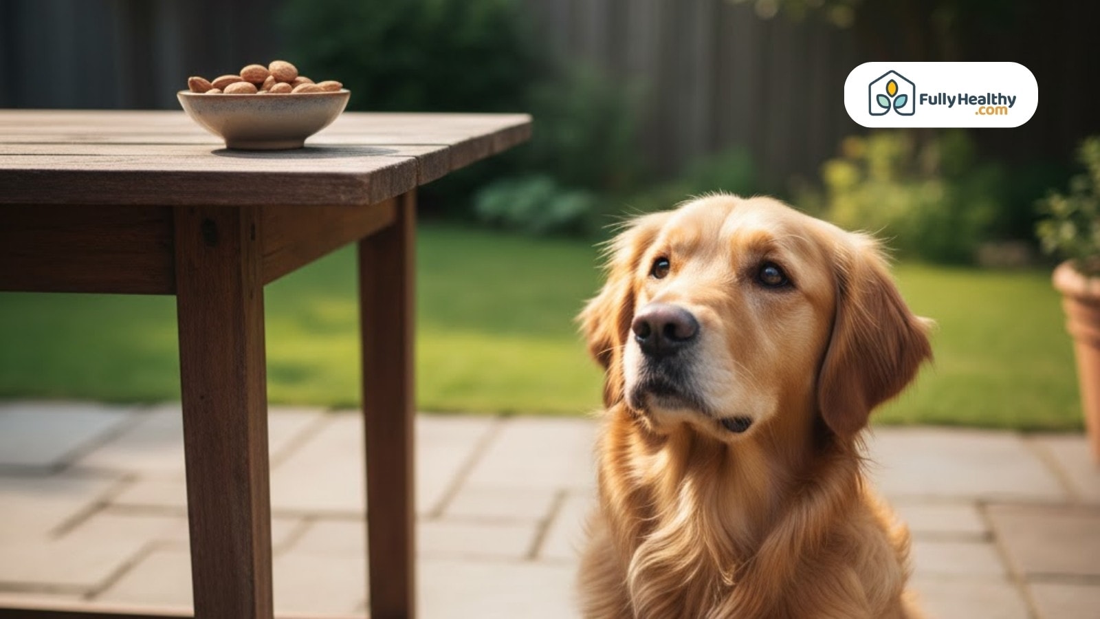 Golden retriever staring at bowl of almonds on outdoor table