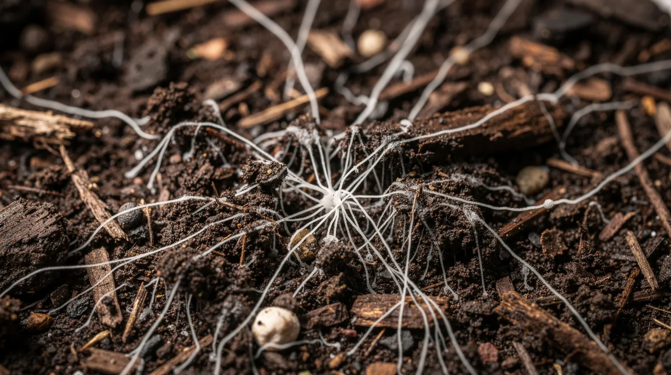 The image shows a close-up view of white mushroom mycelium threads intricately spreading through dark, rich soil and wood substrate, highlighting the vegetative body of mushrooms as it prepares to support the growth of the fruiting body. This scene illustrates the vital role of mycelium in nutrient absorption and the overall health of the ecosystem.