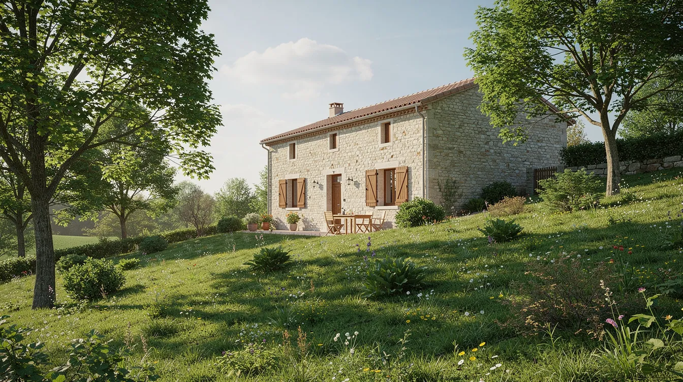 Un gîte rural français se dresse au milieu d'un jardin verdoyant, entouré d'un terrain en pente douce, idéal pour des activités en plein air. Ce cadre paisible est parfait pour accueillir un groupe de six personnes, offrant une expérience de vie en harmonie avec la nature.