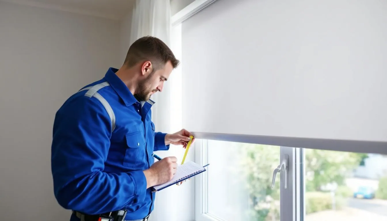 A professional installer is measuring a window to prepare for the installation of UV protection roller shades, designed to block UV rays and reduce glare while allowing natural light into the room. The installer is focused on ensuring a precise fit for the shades that will enhance the aesthetics and functionality of the space.