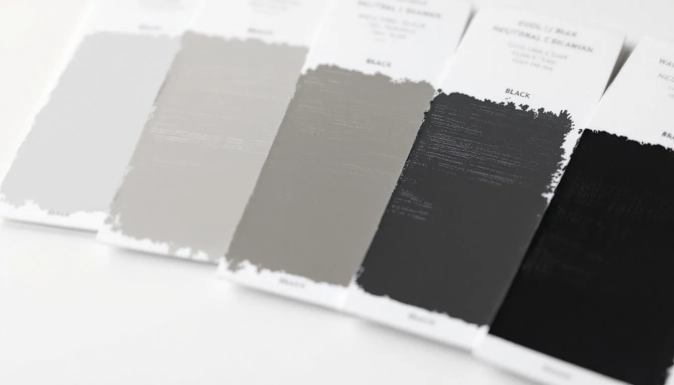 The image shows a close-up comparison of various black paint samples, highlighting their neutral undertones under natural light. Among the samples, "Sherwin Williams Tricorn Black" stands out as a popular choice for achieving a sleek and modern look in spaces like kitchen cabinets and accent walls.