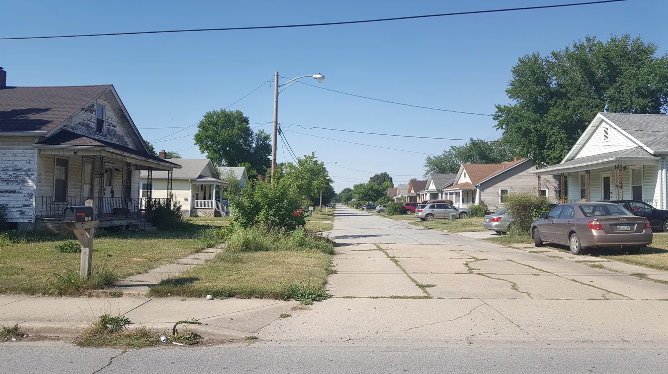 The image depicts a suburban residential street lined with a mix of older homes, some of which exhibit signs of deferred maintenance, all set against a clear blue sky. This scene reflects the real estate market where real estate investors may identify undervalued properties for potential house flipping projects.