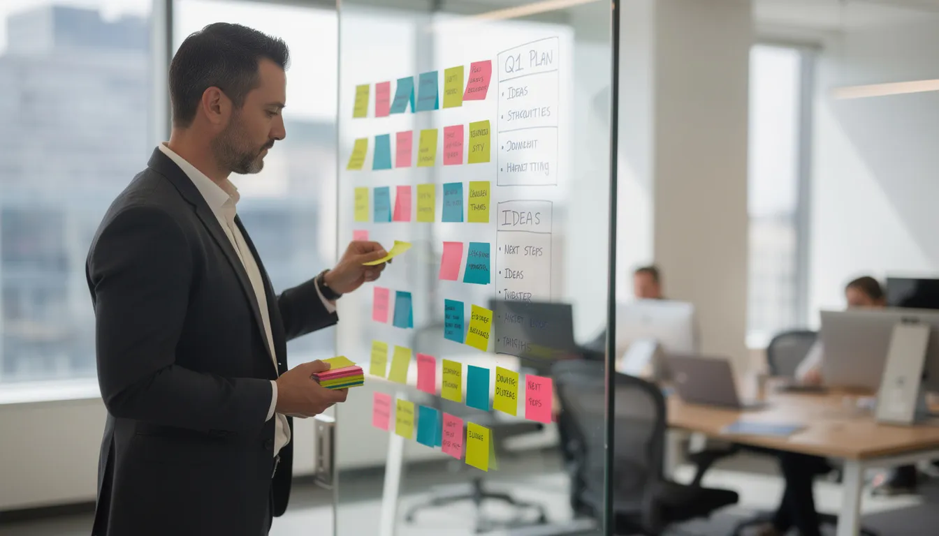 A person is organizing colorful sticky notes on a glass wall in an office, utilizing the MoSCoW prioritization technique to categorize project requirements into four groups: must-haves, should-haves, could-haves, and won't-haves, thereby visualizing priorities for effective project management. This structured approach helps the project team align on essential features and manage stakeholder expectations.