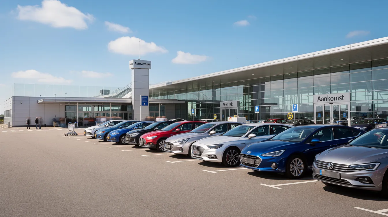 Rij huurauto's op het parkeerterrein van een moderne luchthaven.