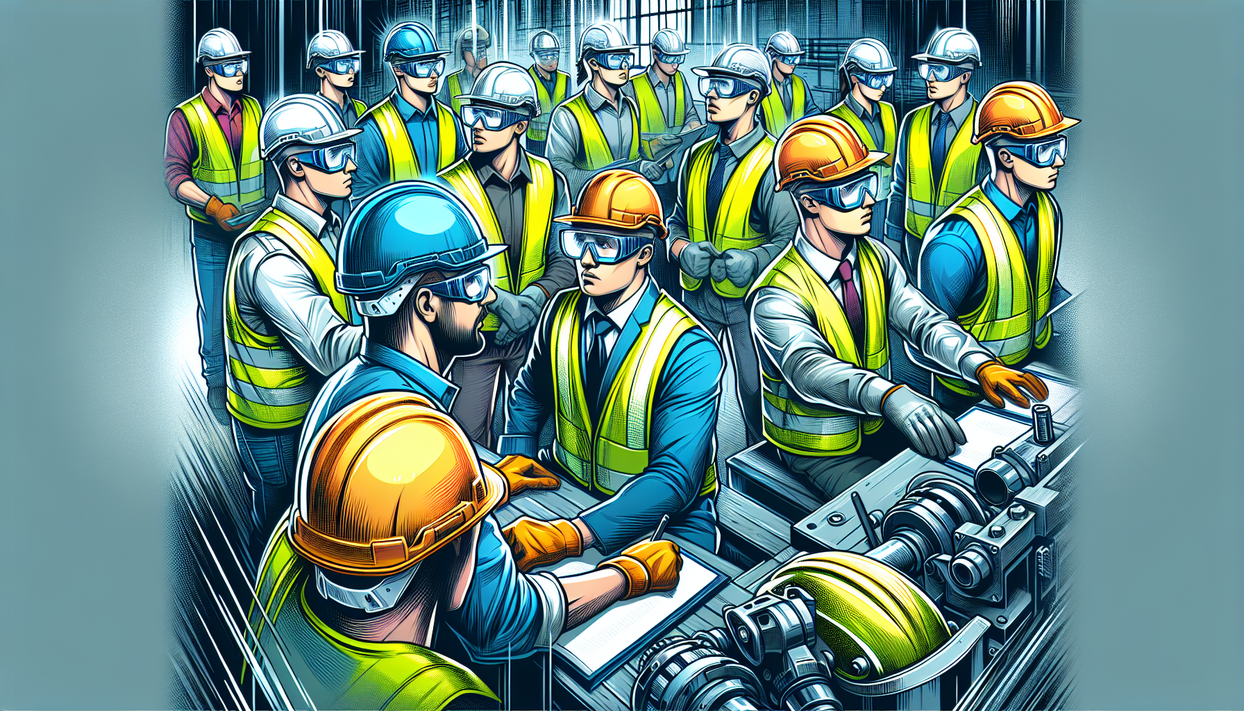 Illustration of workers participating in safety training with protective gear