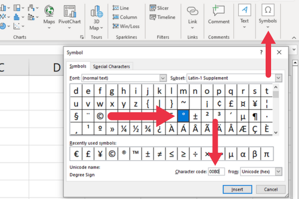 symbol dialogue box in Excel