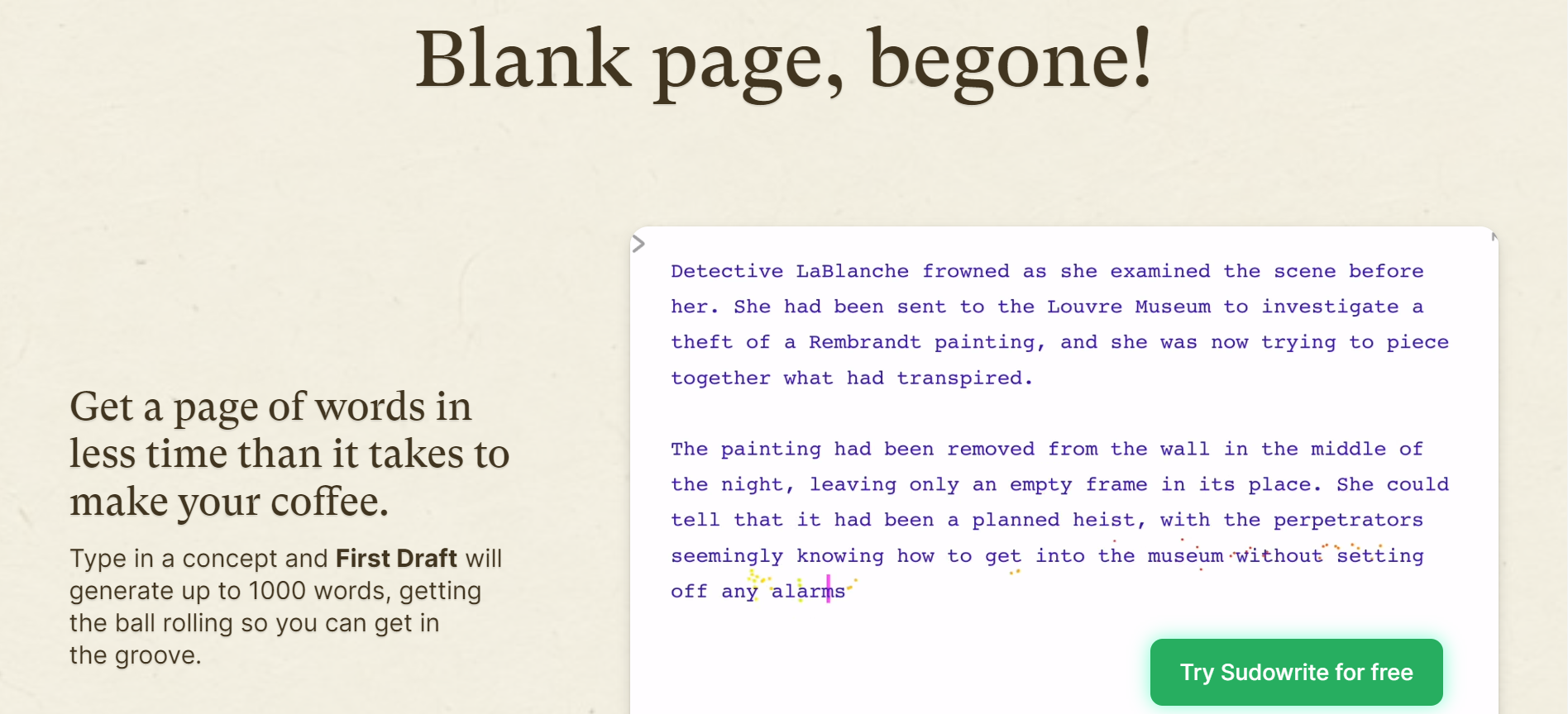 Sudowrite Landing Page - Blank page, begone!