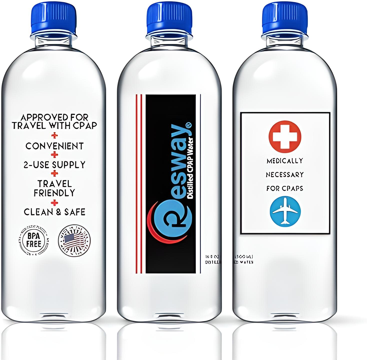 Three bottles of Resway brand distilled CPAP water, labeled for use with CPAP machines for asthma and sleep apnea patients.