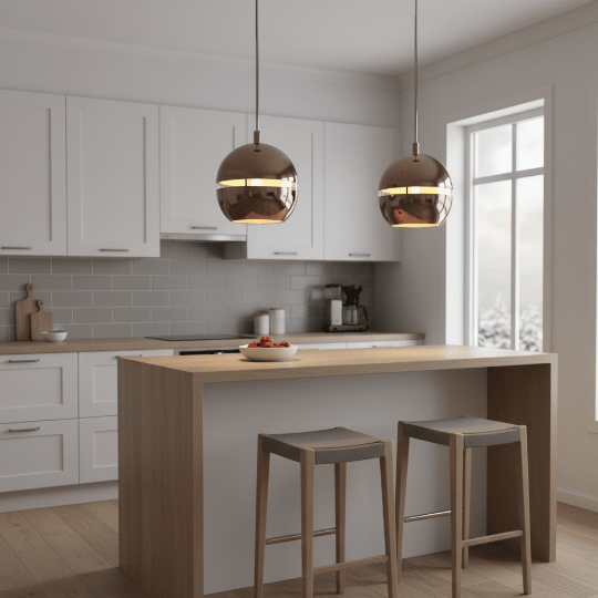 Twin globe pendant lights above a kitchen island—Scandinavian lighting ideas for a bright Nordic-style kitchen.