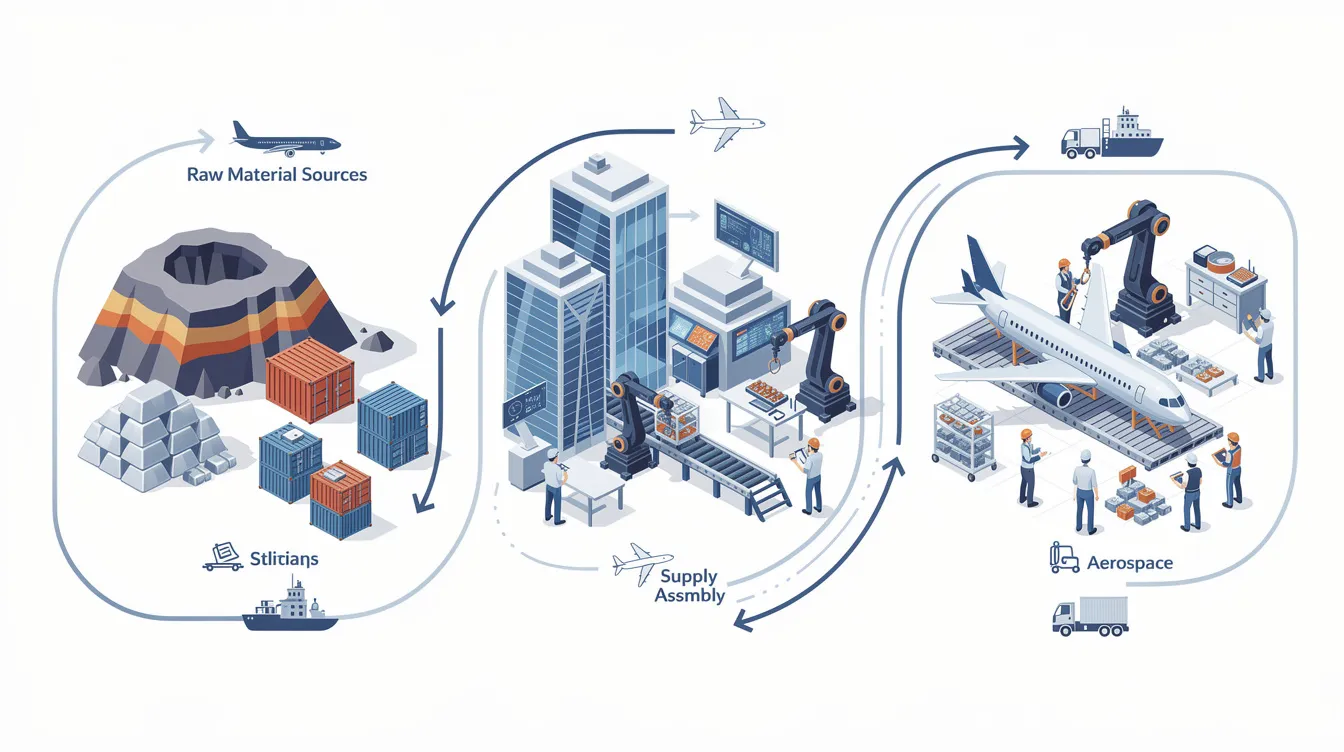 The infographic illustrates a seamless global supply chain flow, showcasing the connection between raw materials, a high-tech manufacturing plant, and an aerospace assembly line, all rendered in a modern blue and silver color palette. This visual emphasizes precision manufacturing processes, including CNC machining and rapid prototyping, highlighting the efficiency and exceptional quality of anebon metal products.