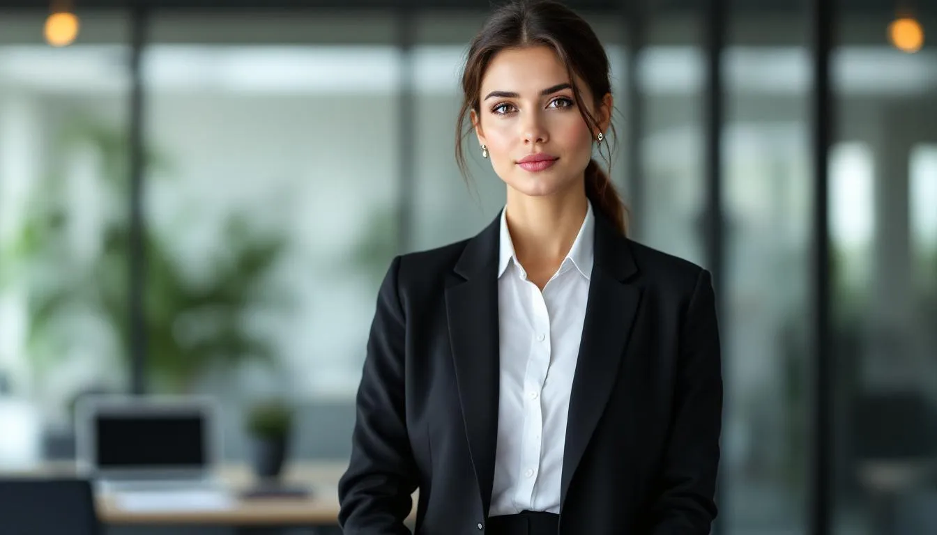 A professional woman is wearing subtle evil eye stud earrings crafted from yellow gold and adorned with cubic zirconia, complementing her business attire. These earrings, designed for everyday wear, serve as a stylish talisman believed to bring good luck and protect against negativity.