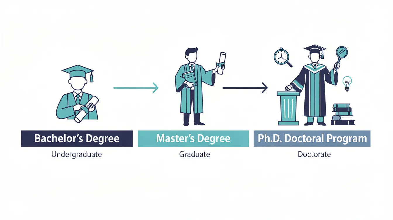 The image illustrates the academic progression from a bachelor's degree to a master's degree, culminating in a Ph.D. program, highlighting the journey of students as they develop research skills and engage in independent research, culminating in a dissertation proposal and oral defense for their doctoral degrees. This progression emphasizes the rigorous coursework and advanced research required to achieve the highest academic degree in fields such as political science, biological sciences, and more.
