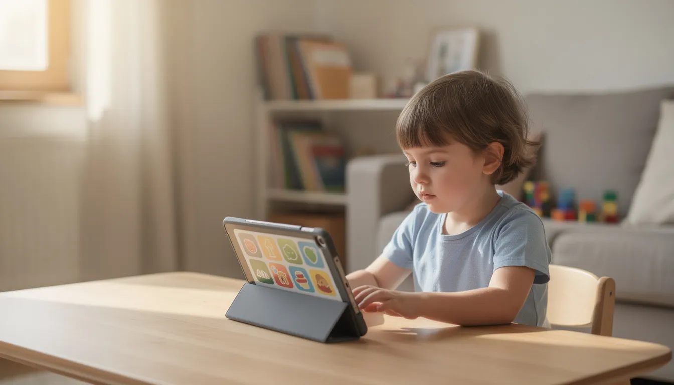 Ein Kind sitzt an einem Tisch und lernt mit einem iPad, während es auf den Bildschirm schaut, der verschiedene Lerninhalte anzeigt. Diese Szene verdeutlicht die Bedeutung von digitalen Medien im Bildungsbereich und die Nutzung von Technologien zur Förderung von Kompetenzen bei Schülerinnen und Schülern.