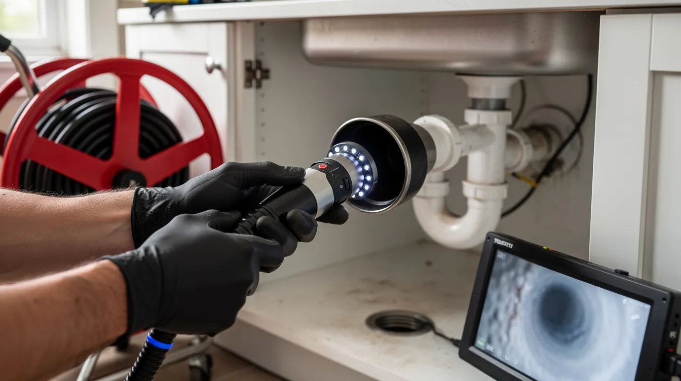 A professional video camera is being inserted into a residential drain pipe for inspection, showcasing the advanced techniques used in drain cleaning and repair services. This equipment helps diagnose issues within the plumbing system, allowing experienced plumbers to identify potential problems like blockages or damaged pipes.