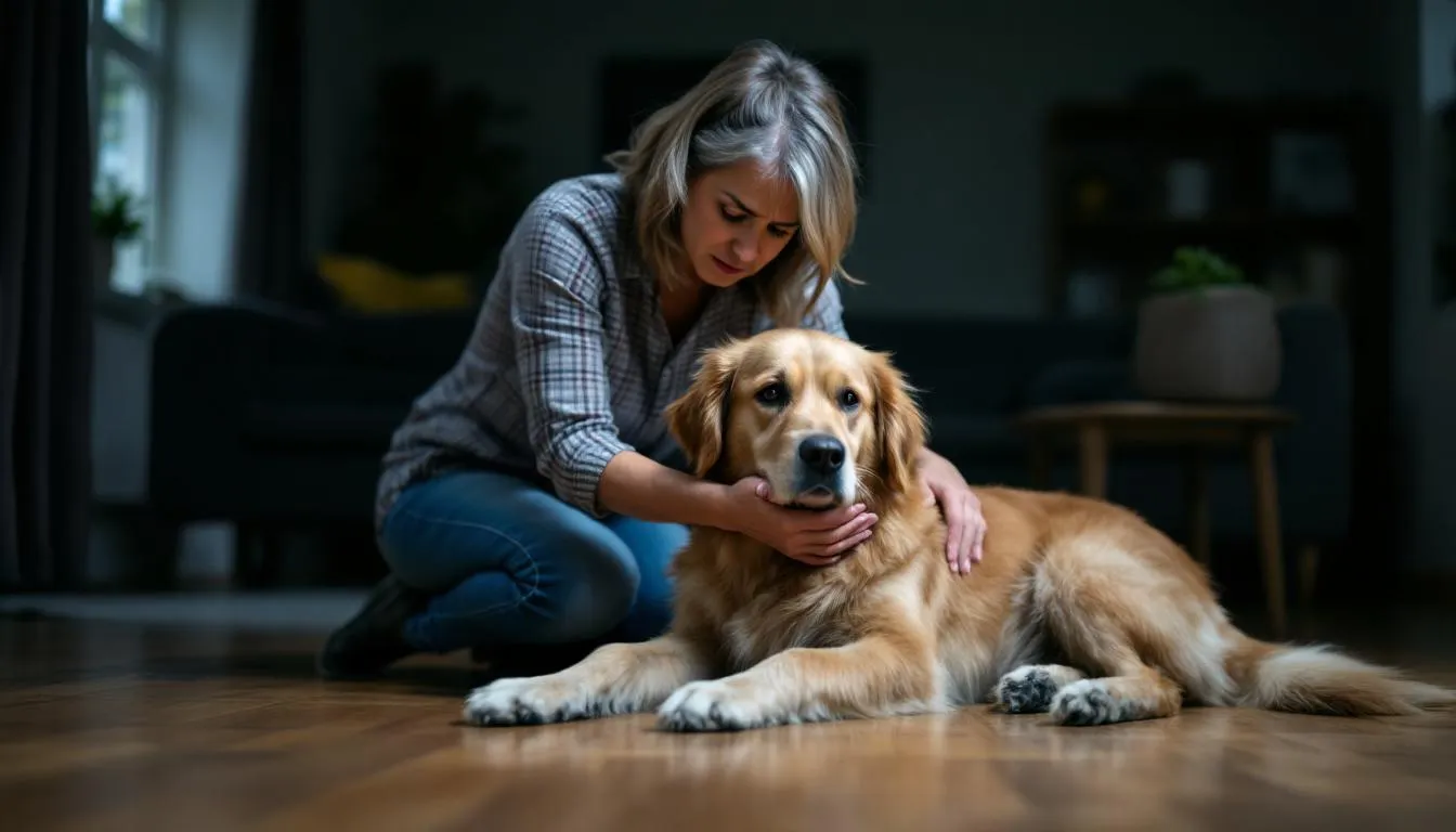 A concerned dog owner is kneeling beside their canine companion, examining the dog