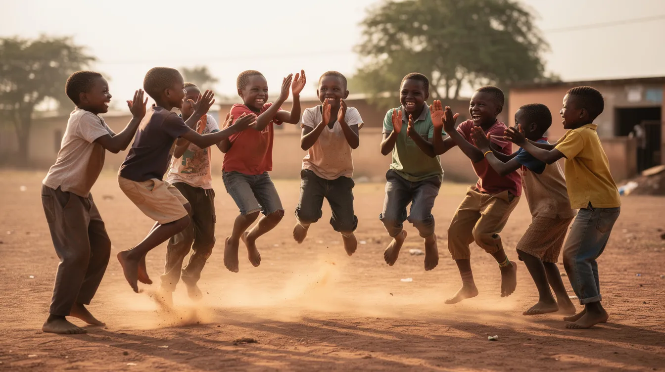 A lively scene shows children in a dusty outdoor setting joyfully jumping and clapping as they engage in a traditional game, embodying the spirit of fun games played around the world. The group is divided into two teams, showcasing the excitement and energy of their friendly competition.