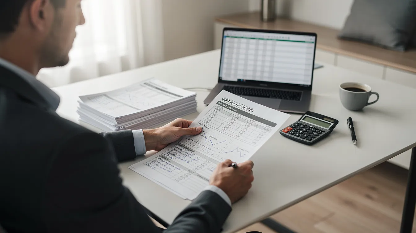 6f8bae27 5403 42f6 b4b6 441330f26e97 An entrepreneur is seated at a desk, meticulously reviewing bank documents and a detailed business plan, likely assessing their eligibility for financial assistance through schemes like the Pradhan Mantri Mudra Yojana. The focus on previous loans and a satisfactory credit track record suggests they are preparing to apply for a mudra loan to support their micro enterprise.