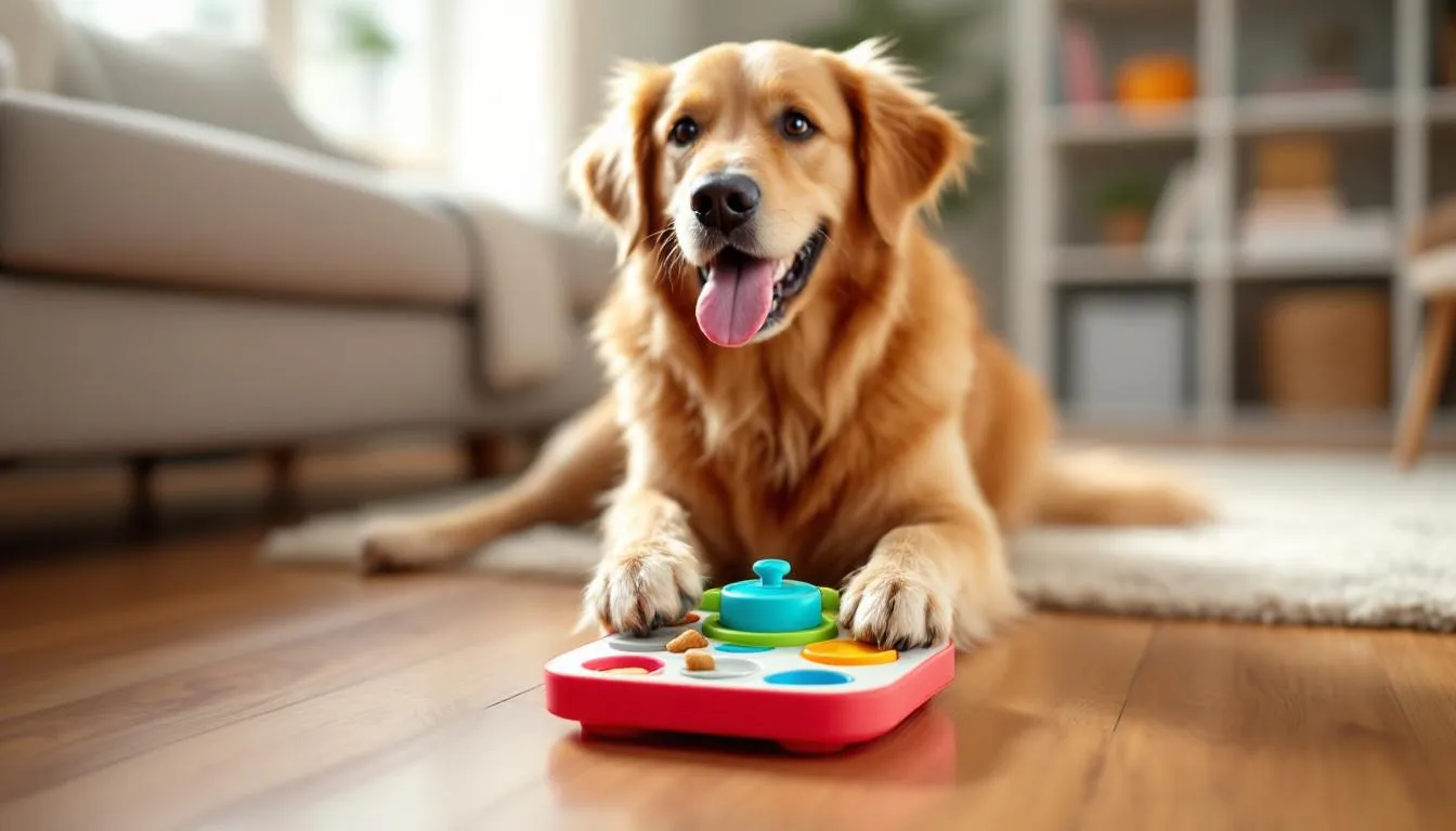 A happy dog is joyfully engaging with a colorful puzzle toy, showcasing positive mental stimulation and playful energy. This scene highlights the importance of interactive toys in managing anxiety in dogs, promoting healthy behaviors and reducing stress.