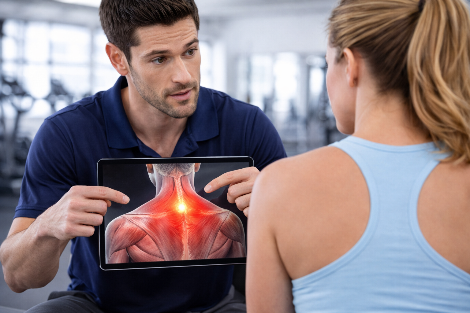 Physical therapist explaining upper back muscle anatomy and pain location to patient