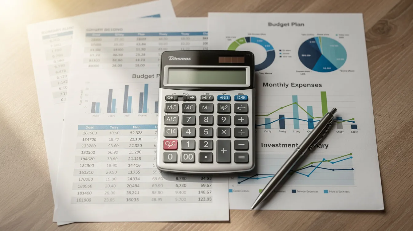 The image features a calculator resting on top of various financial planning documents, symbolizing the importance of financial decisions and investment strategies in wealth management. This setup reflects the tools used by financial advisors and investment professionals to guide clients through their financial journeys.