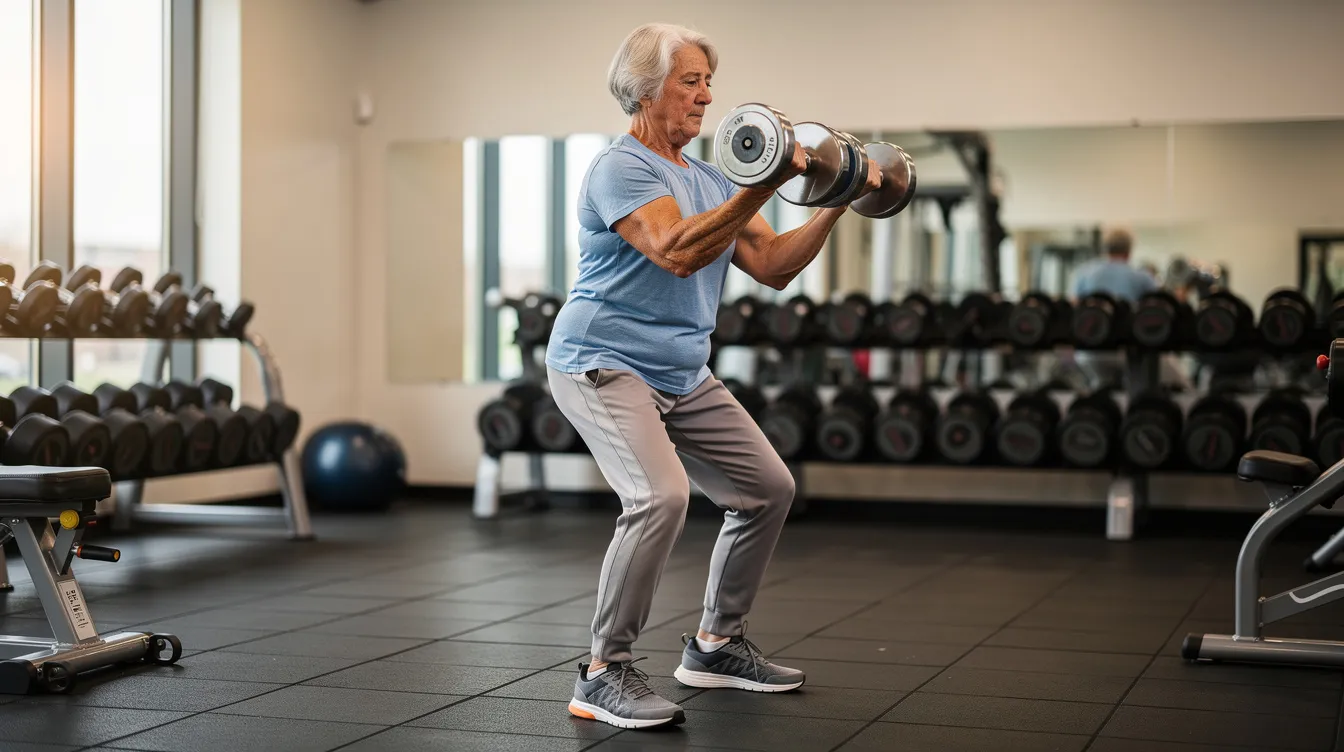 An older adult is engaged in resistance training with dumbbells in a gym, focusing on maintaining muscle strength and increasing muscle mass to combat age-related declines. This exercise routine may also support cognitive function and overall bone health, highlighting the importance of physical activity for older adults.