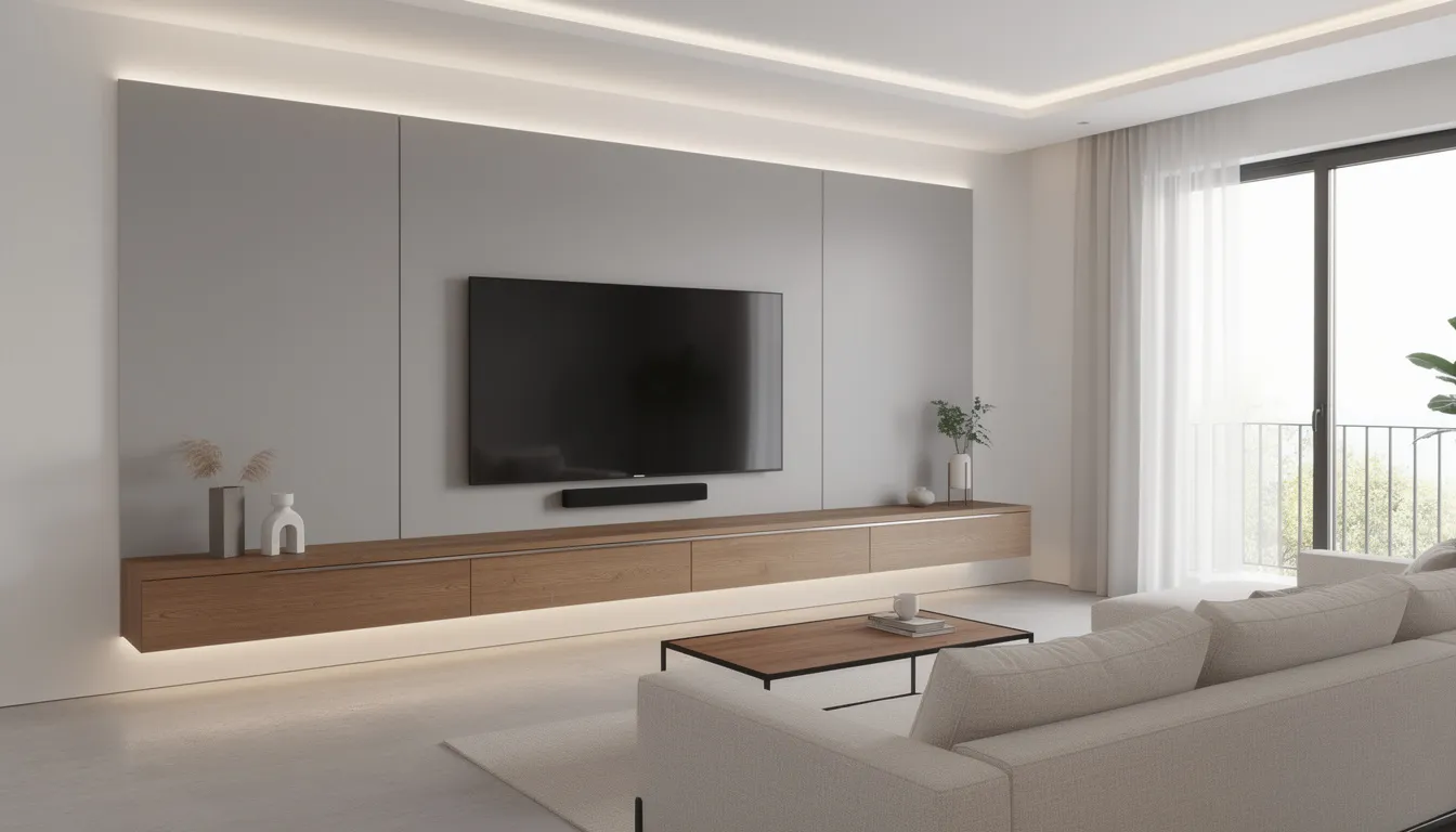 Een moderne woonkamer met een strakke tv-wand, voorzien van een zwevend houten meubel en indirecte LED-verlichting, creëert een luxe uitstraling en extra sfeer. De akoestische wandpanelen achter de tv zorgen voor een frisse uitstraling en optimale functionaliteit in de woonruimte.