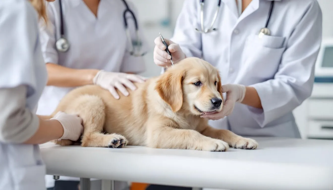 A goldendoodle puppy is being gently examined by a veterinarian, highlighting the importance of veterinary care and health testing for pet insurance investments. This scene emphasizes responsible breeding practices and the overall well-being of goldendoodle puppies, ensuring they are healthy and ready for their new homes.