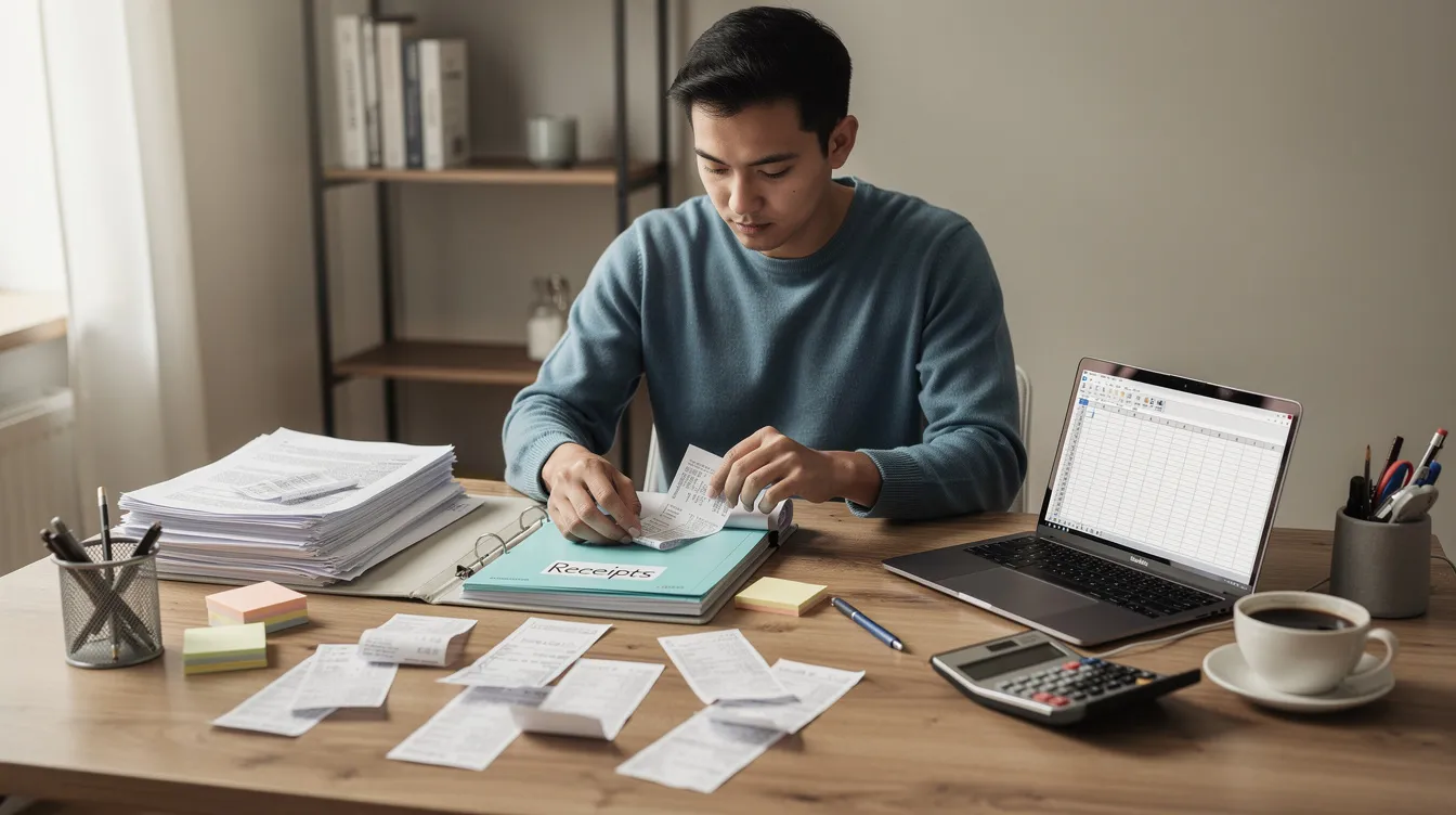6f91c5ee 35d0 4c98 959b e01fbda7f0ef A person is meticulously organizing various paperwork and receipts on a home office table, preparing for tasks related to loan applications and business funding. This scene reflects the careful management often required when dealing with financial matters such as mudra loans and cash credit for micro enterprises.