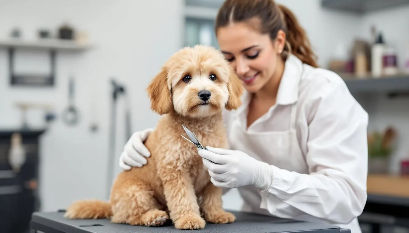 A professional groomer is carefully trimming the hair of a micro teacup goldendoodle, showcasing the breed