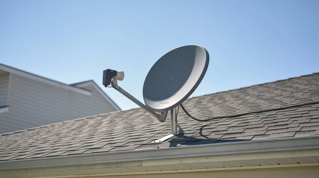 A satellite dish is prominently mounted on the roof of a suburban house, set against a clear blue sky, symbolizing the importance of reliable DSTV installation services for optimal television viewing. This image highlights the necessity of professional DSTV technicians to ensure the best reception and customer satisfaction.