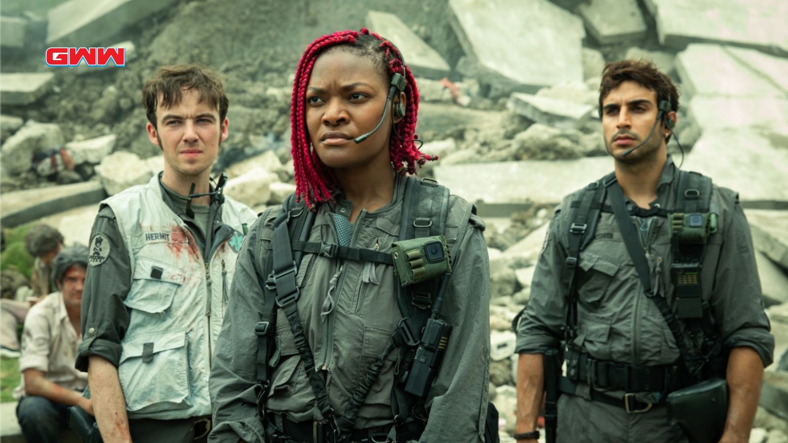 Alex Lawther as Hermit, Di&ecirc;m Camille as Siberian, Moe Bar-El as Rashidi in Alien: Earth