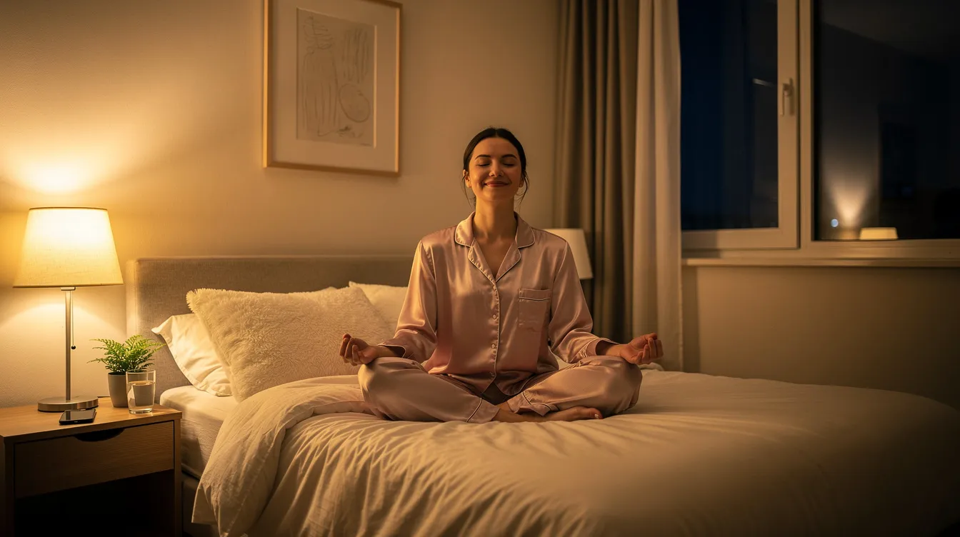 A person is meditating peacefully in a calm bedroom environment, surrounded by soft lighting and a serene atmosphere, preparing to fall asleep. This tranquil scene promotes sleep quality and relaxation, which can help reduce the occurrence of hypnic jerks, sudden muscle contractions that sometimes disturb sleep onset.