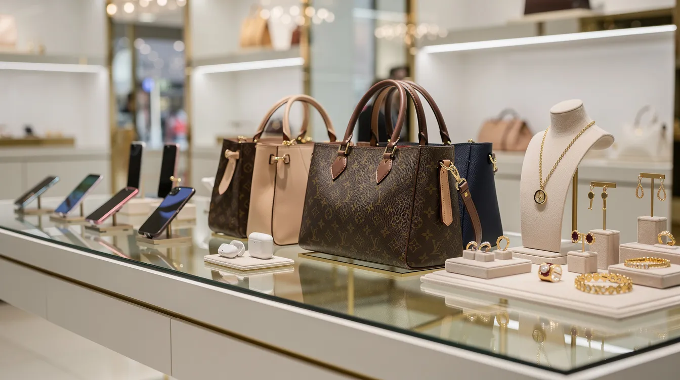 The image features a variety of electronics, designer handbags, and gold jewelry elegantly arranged on a glass counter in a well-lit shop, showcasing luxury items that may attract customers looking for quick cash options like pawn loans or personal loans. The bright display highlights the value of these items, appealing to those interested in financing or making a purchase.