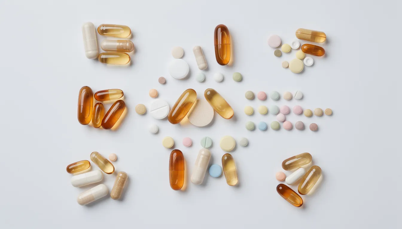 The image features a variety of colorful supplement capsules and tablets neatly arranged on a clean white surface, representing options for supporting healthy aging and overall metabolic health. These dietary supplements may include anti-aging compounds and nutrients essential for cognitive function, bone health, and cellular energy production.