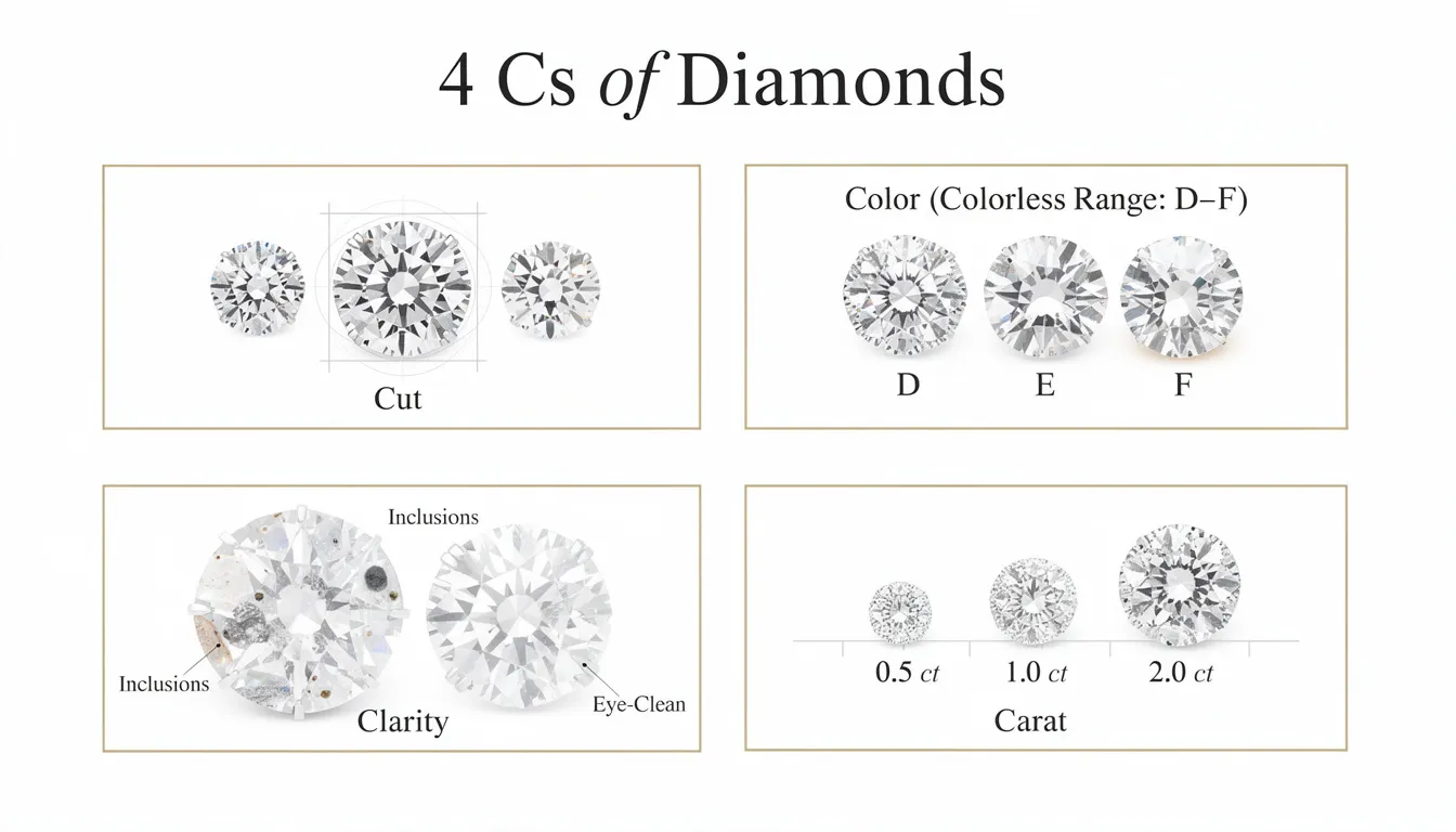 The image illustrates the 4 C's of diamonds—cut, color, clarity, and carat weight—highlighting the colourless range of diamonds (D, E, F) alongside various diamond shapes and settings suitable for engagement rings. This visual representation emphasizes the brilliance and beauty of certified diamonds, showcasing options for both men's and women's engagement rings crafted from precious metals like white gold and platinum.