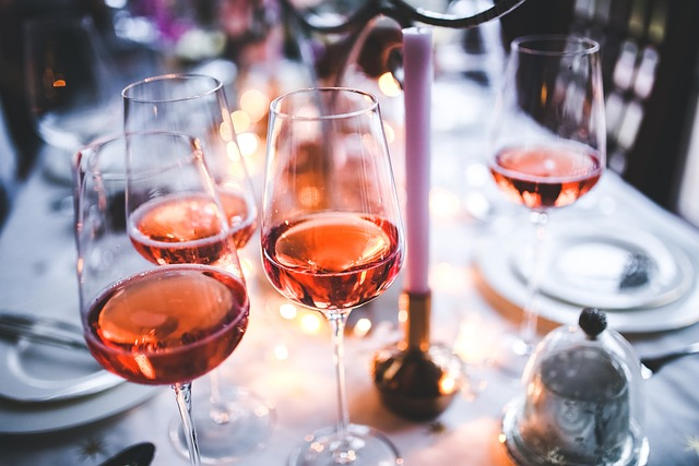 wine, rose, wine glasses