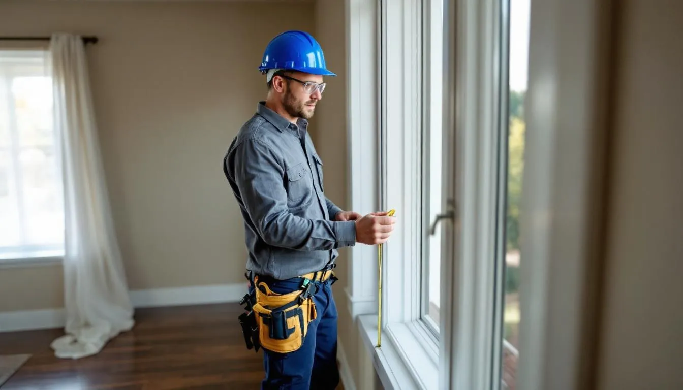 A professional installer is carefully measuring a window to ensure a precise fit for custom solar roller shades, demonstrating attention to detail in the installation process. The scene highlights the importance of proper measurements for achieving a clean look and optimal functionality in the home.