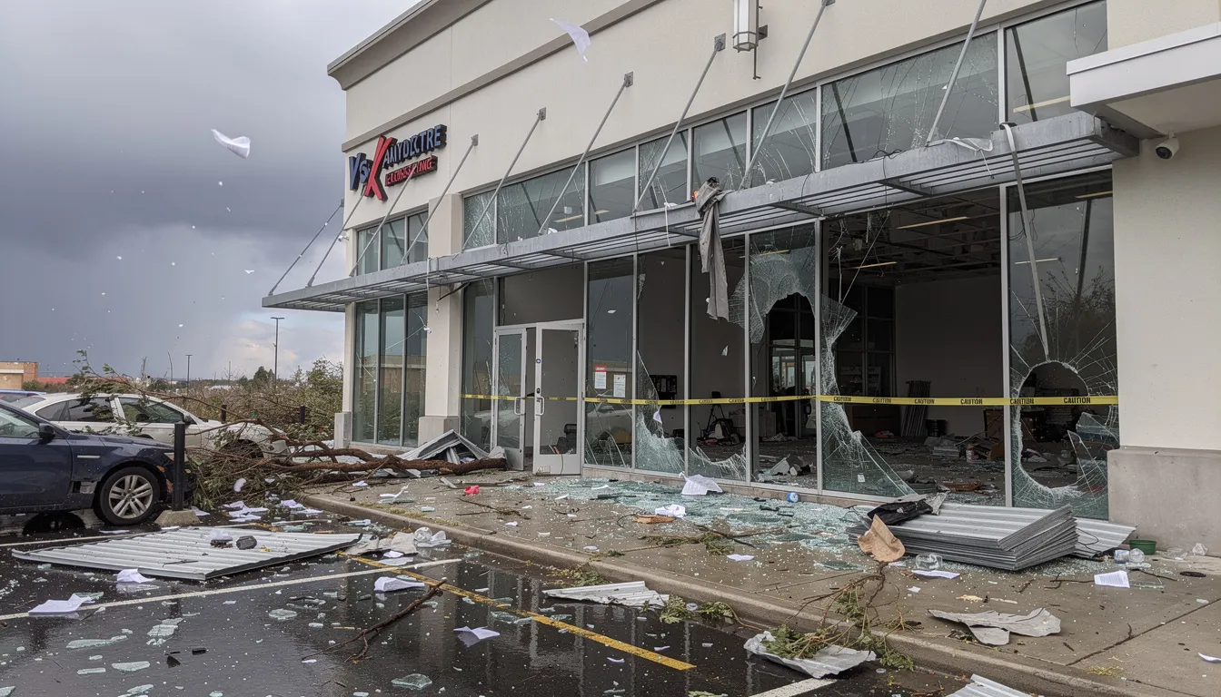 The image depicts a commercial property with significant storm damage, featuring broken windows and debris scattered around the exterior. This scene highlights the urgent need for emergency board up services to secure the structure and minimize further damage in Houston, Texas.
