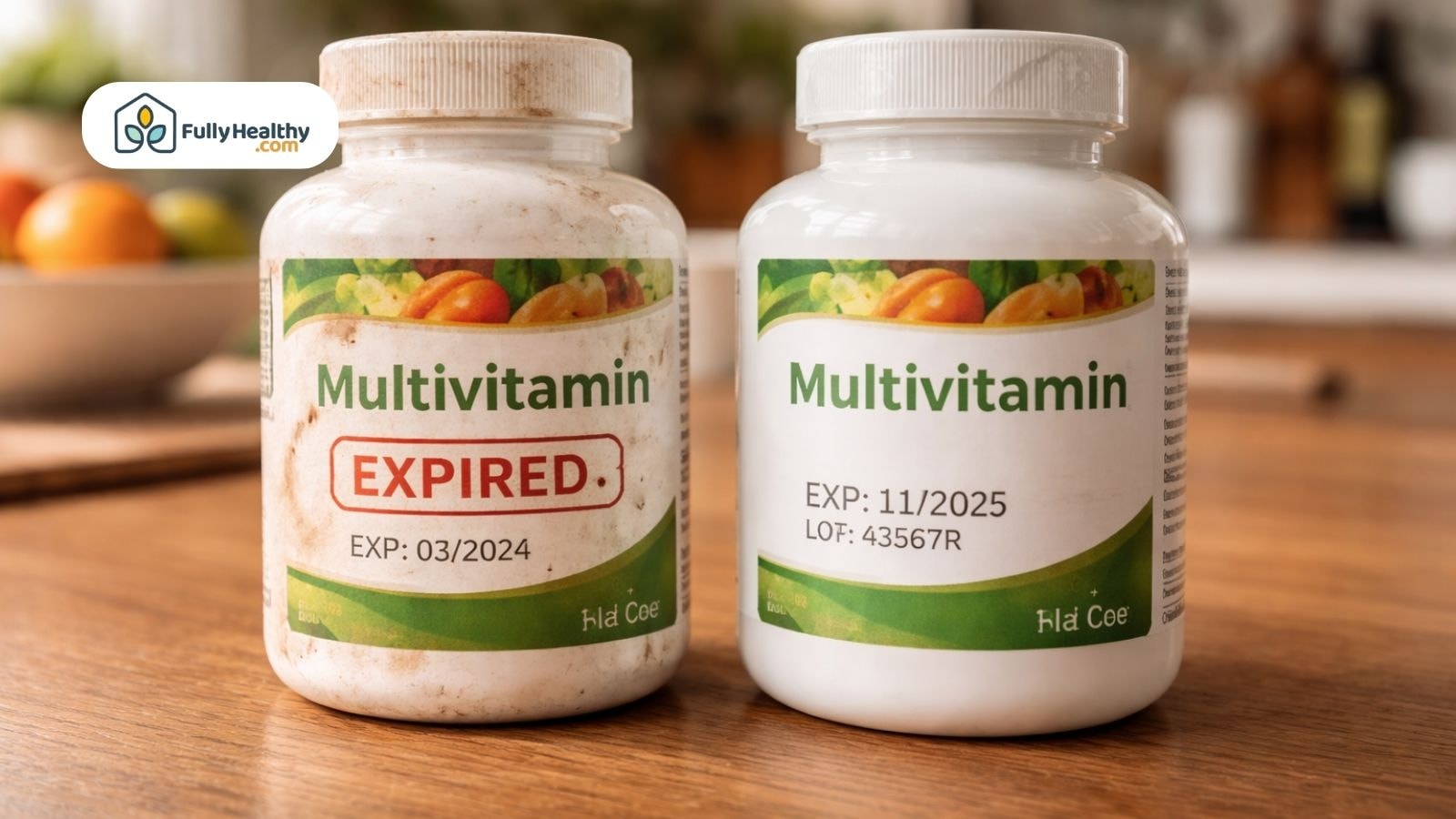 Expired and new multivitamin bottles side by side comparison