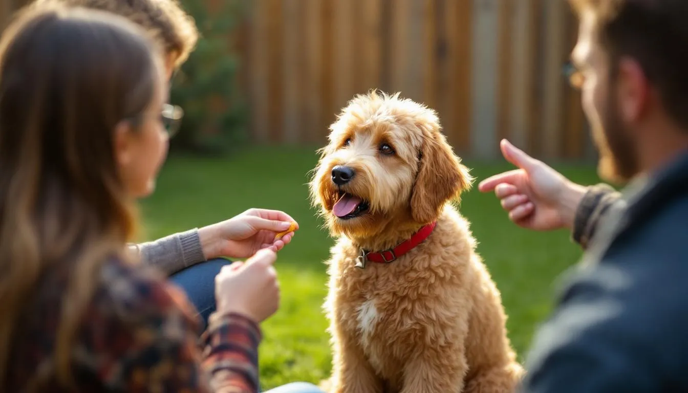 A bernedoodle is sitting attentively during a training session with a family, showcasing the breed