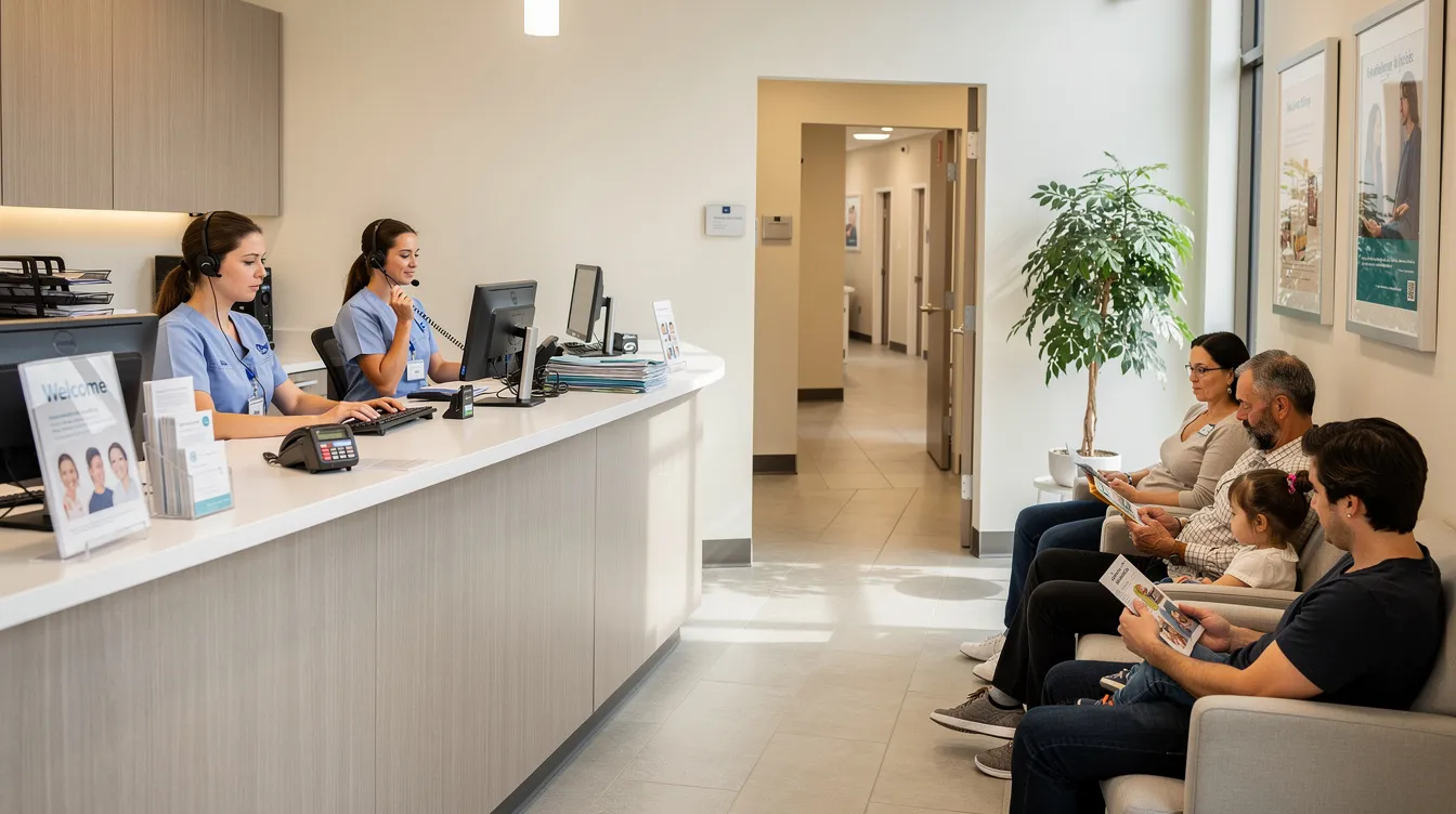 The image depicts a bustling dental office reception area where staff members are actively answering phones while patients wait in comfortable chairs. This scene highlights the importance of efficient dental billing processes and patient care in maintaining a healthy dental practice.