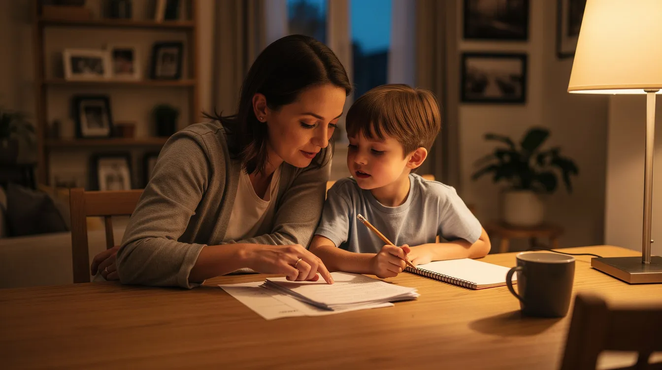 A parent and child are sitting together at a table, calmly reviewing papers in a warm-lit home setting, creating a supportive student learning space. This nurturing environment encourages focus and effective classroom strategies, helping the primary school student prepare for their primary school leaving examination.