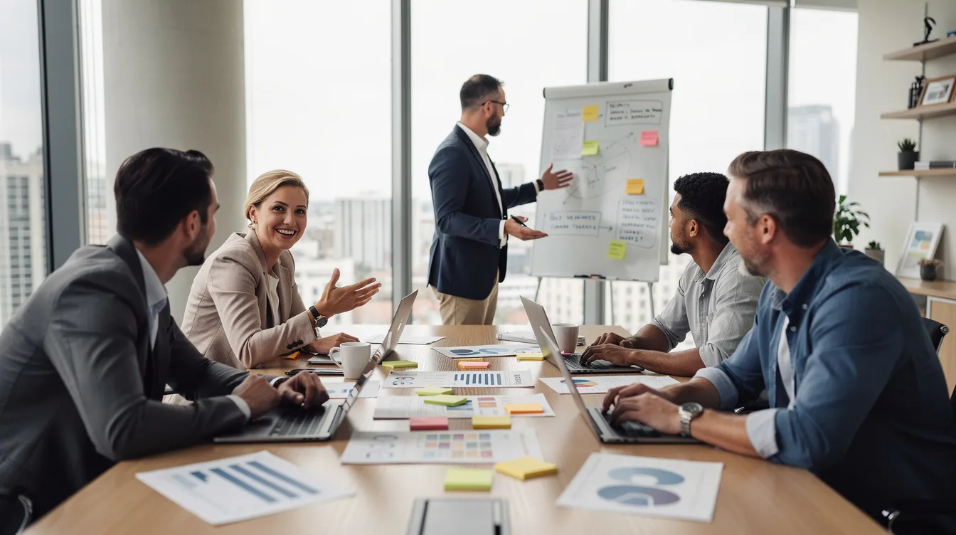 A small group of professionals is actively engaged in an interactive workshop discussion at a corporate offsite, focusing on leadership development and team dynamics. The session highlights the importance of emotional intelligence and actionable strategies for enhancing organizational health and employee engagement.