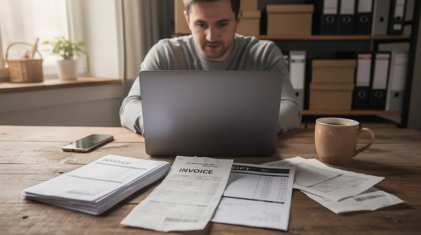 The image depicts a small business owner intently working on a laptop, surrounded by various financial documents including invoices and receipts on the table. This scene highlights the importance of financial stability and the preparation of essential paperwork, such as cash flow statements and balance sheets, crucial for bank loan approval and effective financial analysis.