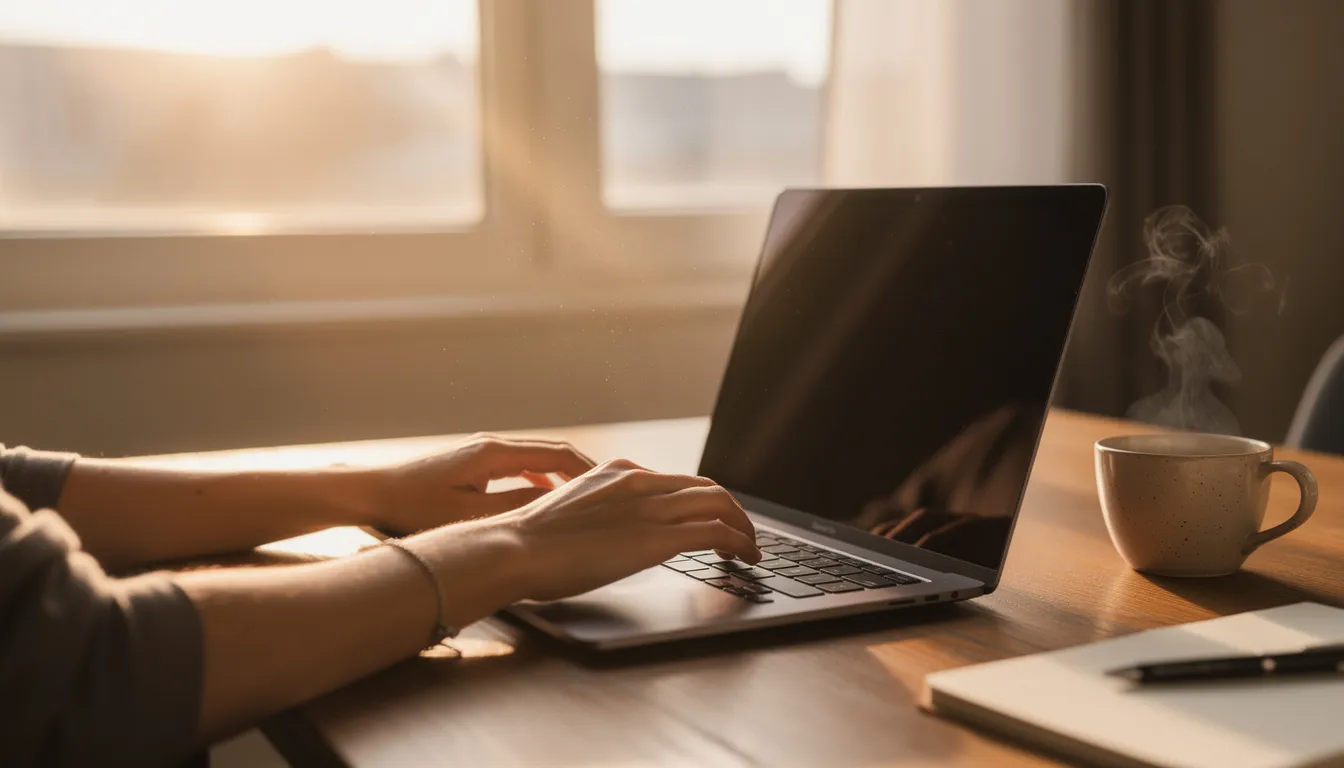 A person is focused on typing on a laptop, with a coffee cup placed nearby, as morning light streams through a window. This scene captures the essence of a productive blogging workflow, highlighting the writing process and content creation in a cozy environment.