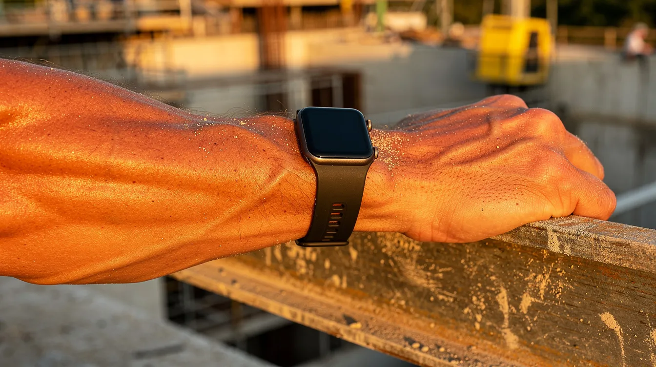 A close-up image shows a construction worker's forearm wearing a fitness band or smartwatch, set against a dusty outdoor job site. This wearable technology helps monitor vital signs and core body temperature, providing real-time data to enhance worker safety and reduce heat stress in high-risk environments.