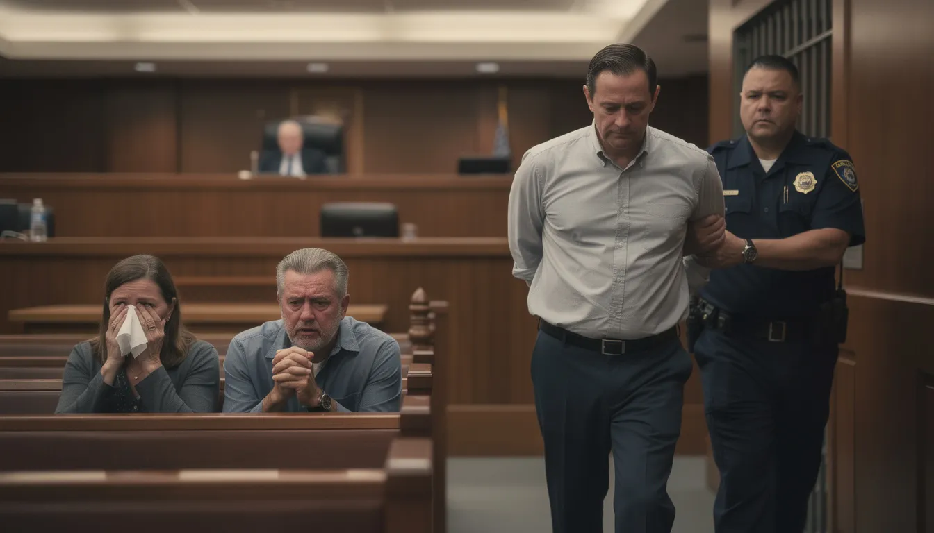 A man in handcuffs is being led out of a courtroom, facing the consequences of his actions after being convicted of a crime related to sexual violence. In the foreground, his parents are visibly upset, crying as they witness the emotional toll of the situation.