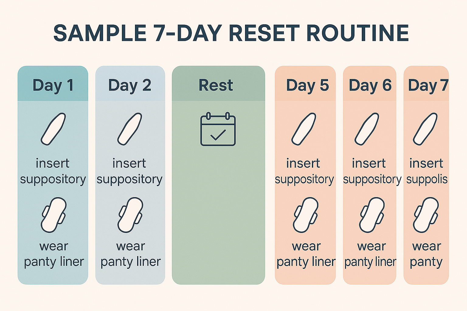 Pastel visual of a 7-day boric acid reset routine, showing daily dosage and discharge expectations