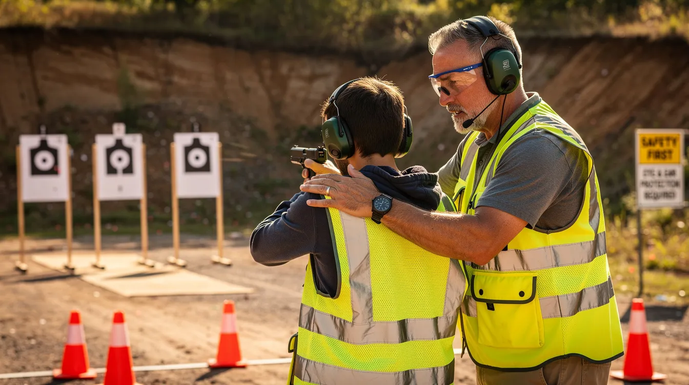 An instructor is supervising a group of individuals practicing safe shooting techniques at a gun range, ensuring compliance with California gun laws and promoting responsible firearm ownership. The scene emphasizes the importance of firearms safety certificates and the role of law enforcement in educating law-abiding citizens about safe gun practices.